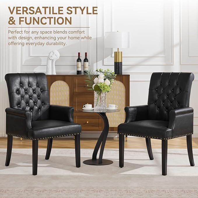 PU Leather Dining Chair with Arms, Upholstered Tufted High Back Dining Room Chairs, Accent Armchair with Solid Wood Leg and Nailhead Trim, Kitchen Dining Living Room, Black