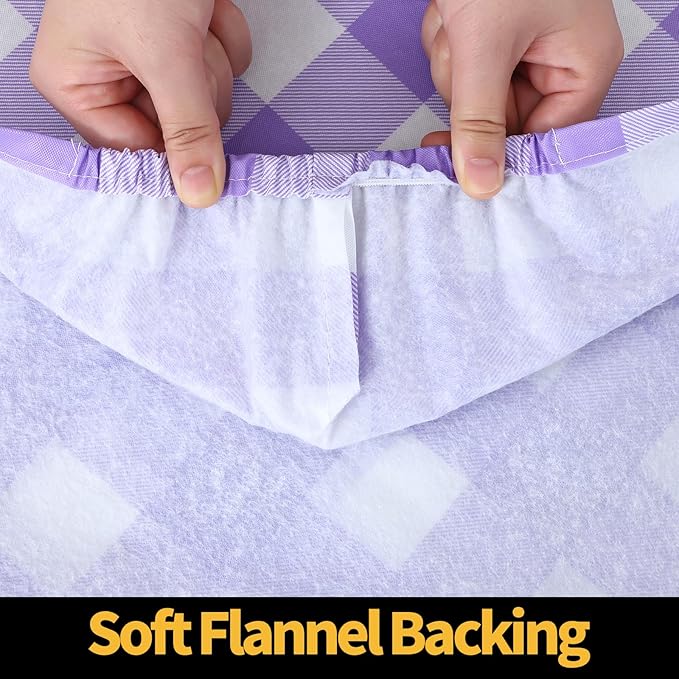 Smiry Rectangle Picnic Table Cloth, Elastic Waterproof Fitted Vinyl Tablecloths, Flannel Backed Buffalo Plaid Table Covers for Dining, Camping, Outdoor (White and Purple, 30" x 60")