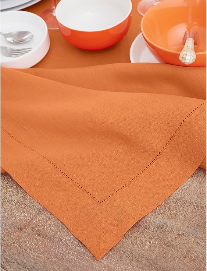 Solino Home Pumpkin Linen Tablecloth 60 x 120 Inch - Classic Hemstitch, 100% Pure Linen Rectangular Tablecloth - Machine Washable Table Cloth