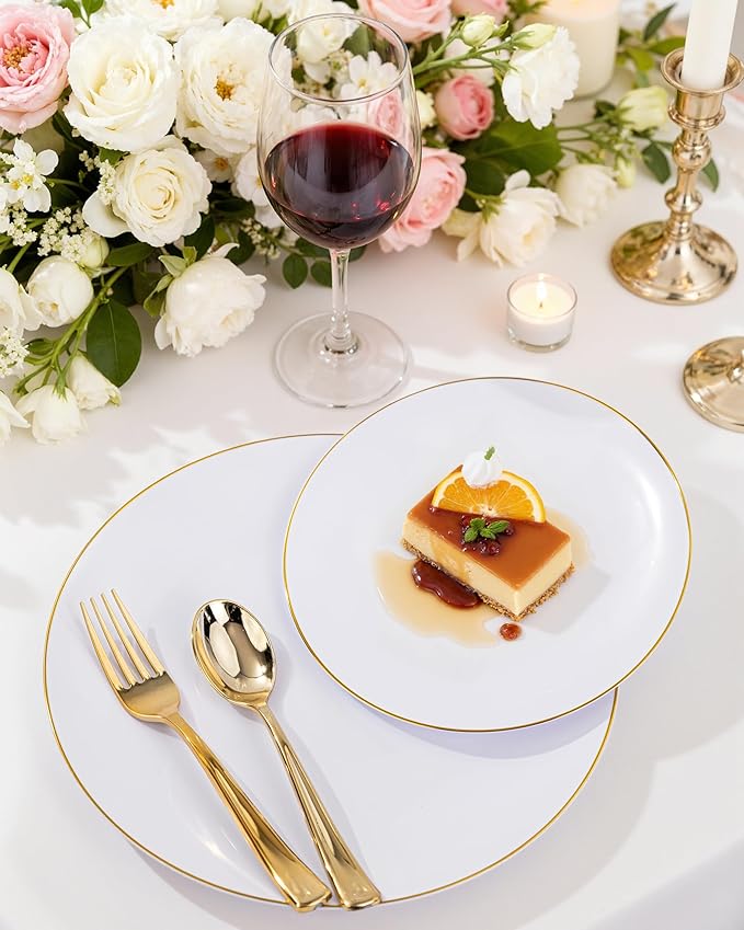 Nervure 100Pieces White with Gold Rim Plastic Plates - 7.5inch Disposable Gold Salad/Dessert Plate - White and Gold Plastic Plates Ideal for Wedding & Party