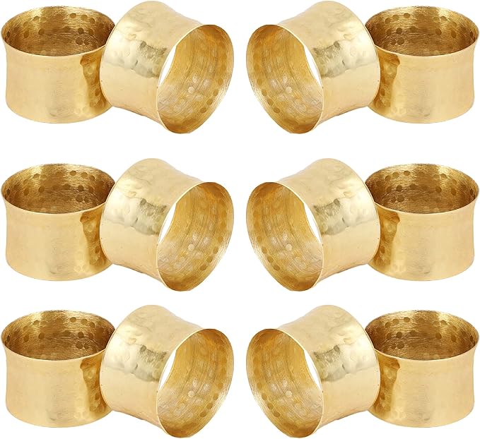 Handmade Round Hammered Golden Napkin Rings Holder for Dinning Table Parties Everyday, Set of 12