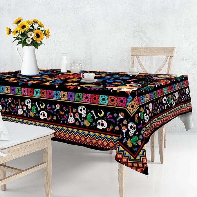 Mexican Tablecloth Rectangle 60 x 84 Inch, Cinco De Mayo Flower Skull Table Cloth Fiesta Indoor Decorations for Dining Room Party