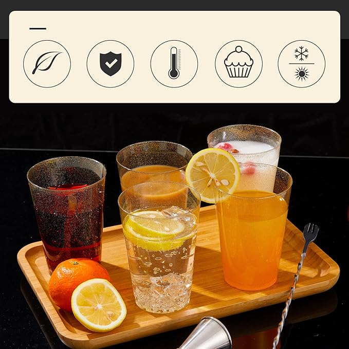 N9R 100PCS 12oz Gold Plastic Cups, Gold Glitter Disposable, Elegant Wedding and Party Cups