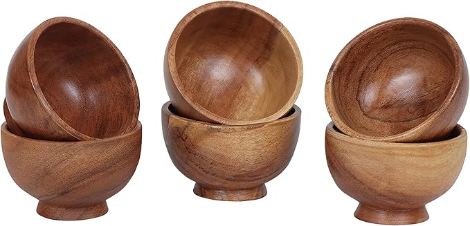 Set of 6 Acacia wood small bowls, 4 fl oz 3.2 * 2 inches | Hand carved small dipping bowls for sauce, salsa. Little bowls for ingredient prep, spices | Charcuterie boards accessories
