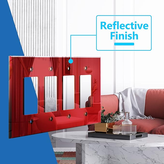 LIDER Reflective Acrylic Decorator Wall Plate, Mirrored Light Switch Plate, Plexiglass Outlet Cover, Acrylic Glass, Oversized 4-Gang 5.25" x 8.88", LWP-34O-ARD, Red