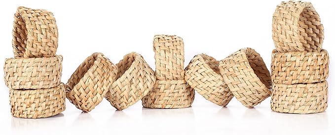 Napkin Rings Set of 12 - Handwoven Rustic Rattan Napkin Holders Table Decor for Dinners, Weddings, Holidays, Parties & Everyday Use - Natural Tan - Serviette Rings (Brown) - ALPHA Living HOME