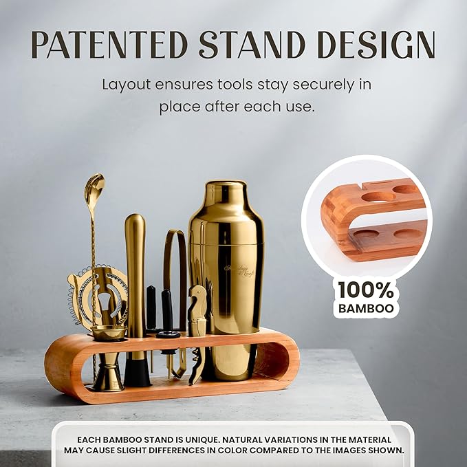 Mixology & Craft Cocktail Shaker Set: 10-Piece Bartender Kit with Stand | Complete at Home Bar Set with Bar Accessories | Great Housewarming Gift | Leak-Proof Design (Gold)