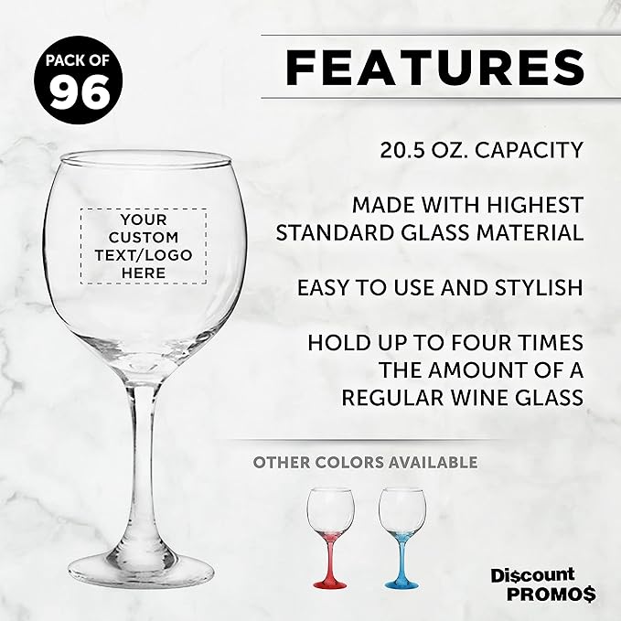 Custom Premiere Wedding Wine Glasses 20.5 oz Set of 96, Personalized Bulk Pack - Restaurant Glassware, Perfect for Red Wine or White Wine - Clear
