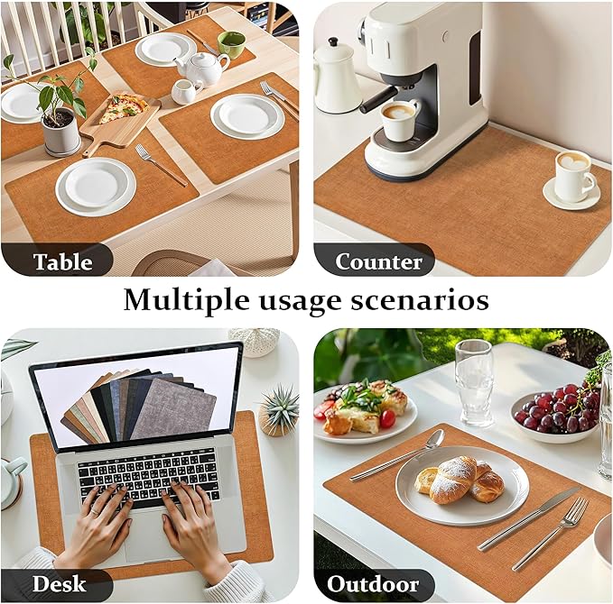 FROMHEART Faux Leather Placemats Set of 4–Waterproof,Heat/Oil Stain-Resistant PU Table Mat–Reversible,Non-Slip,Easy to Clean Place Mats for Kitchen,Dining,Indoor/Outdoor,(Orange-Grey,11.8" x 17")