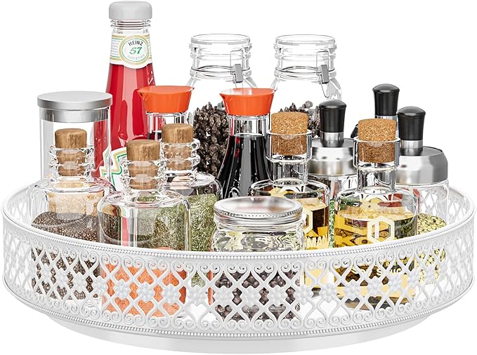 Ovicar Lazy Susan Organizer Turntable - 11 inch Rotating Spice Rack Metal Lazy Susan for Cabinet Pantry Kitchen Countertop Dining Table Cupboard Bathroom Refrigerator Vanity (11 inch White)