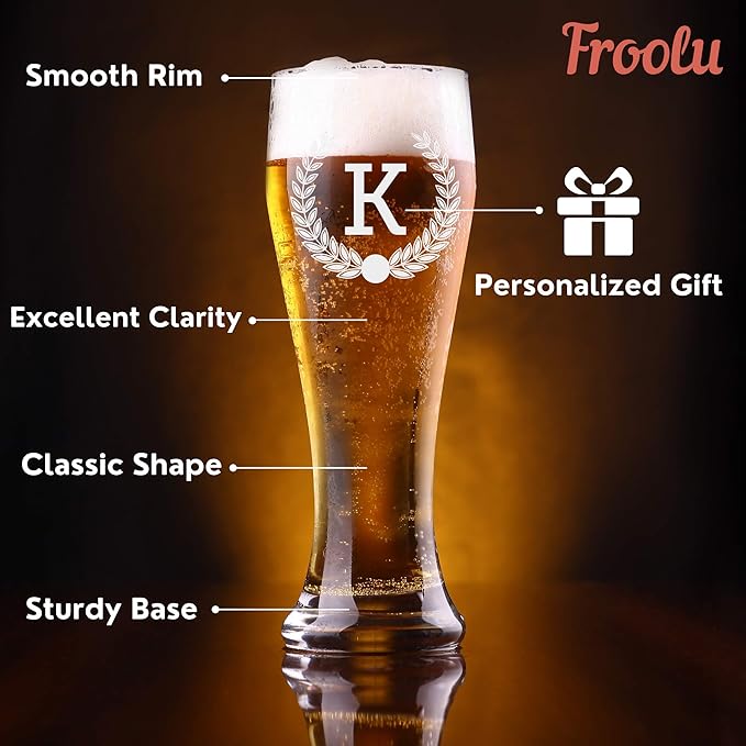 Froolu Customized Gifts for Men - Personalized Beer Glass Set w Engraved Coasters - Monogram Etched Pilsner Glasses Great for Family Home Bar - Valentine's, Housewarming, Christmas & More.