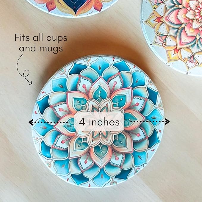 Ceramic Absorbent Coasters Set of 6 with Holder, Marble Drink Coasters for Coffee Table, Water-Absorbing Stone Coasters (Boho Mandala Design)