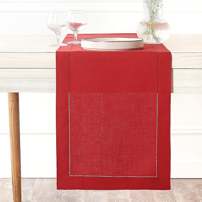 D'Moksha Homes Linen Bright Red Table Runner 36 Inches - 100% Pure Linen Small Table Runner 14 x 36 Inch Ideal for Dresser, Coffee Tables, Valentines, Spring, Easter - Classic Hemstitch