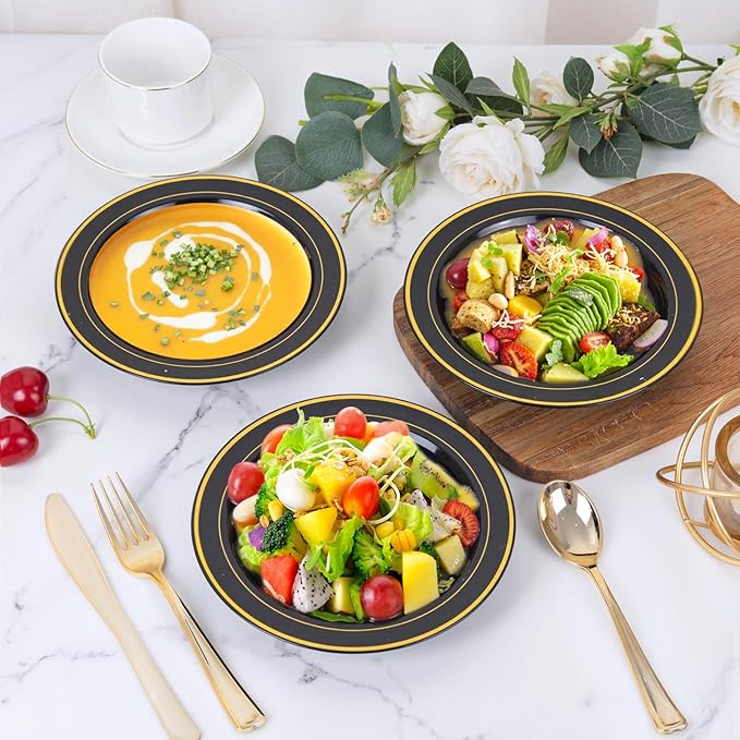 bUCLA 120 Pack Disposable Plastic Bowls 12oz - Black with Gold Trim Plastic Party Bowls for Salad, Soup, Dessert, Picnic, Catering, Ideal for Party & New Year