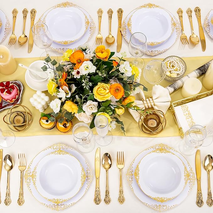 100PCS Gold Plastic Bowls - 12 oz White Disposable Salad Bowls - Heavy Duty Soup Serving Bowl - Fancy Plastic Ice Cream Bowl for Parties, Dinners, Catering, Picnics