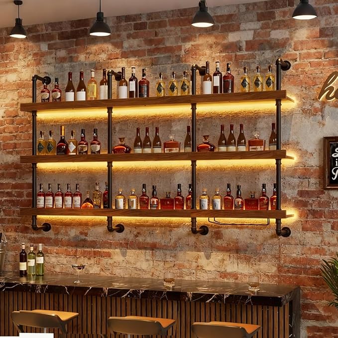 55.1in Large Wine Rack with LED Light Solid Wood Wall Mounted Wine Rack, 3-Tiers Liquor Bottles Floating Shelves Display Storage Organizer for Home Bar & Dining Room (140cm/55.1in)