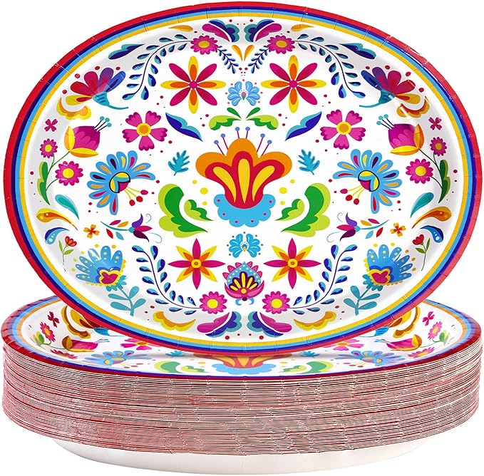 50Pcs Mexican Fiesta Oval Paper Plates 10" x 12" Large Disposable Heavy Duty Colorful Mandala Floral Party Plates Cinco De Mayo Dessert Platters for Taco Tuesday Birthday Party Supplies Decor