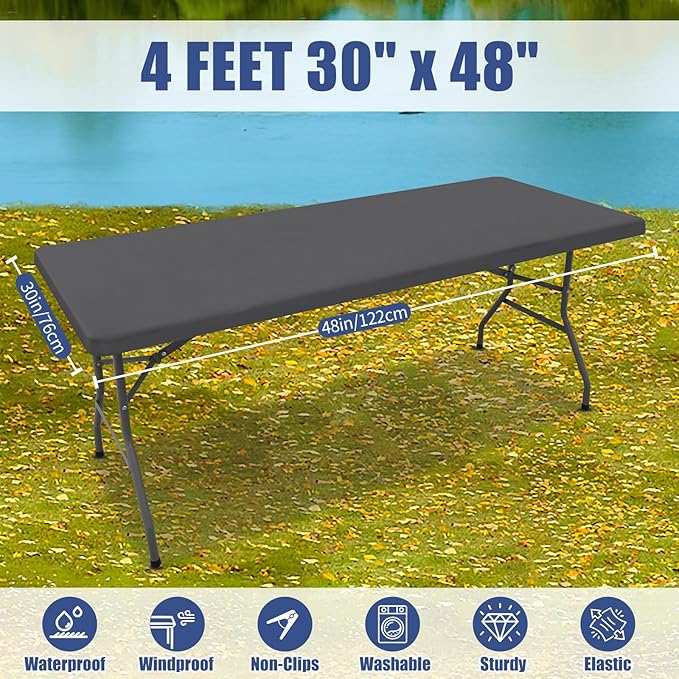 Spandex 4 Foot Rectangle Table Cloth 2 Pack, Elastic Fitted Tablecloths for Picnic, Stretch Washable Patio Table Cover for Outdoor, Camping, Banquet and Parties (Dark Grey, 30"x48")