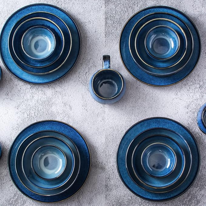 UNICASA Ceramic Pasta Bowls, Porcelain Salad Set of 4, 26 oz for Kitchen, Large Serving, Reactive Glaze Dish, Microwave and Dishwasher Safe, Blue