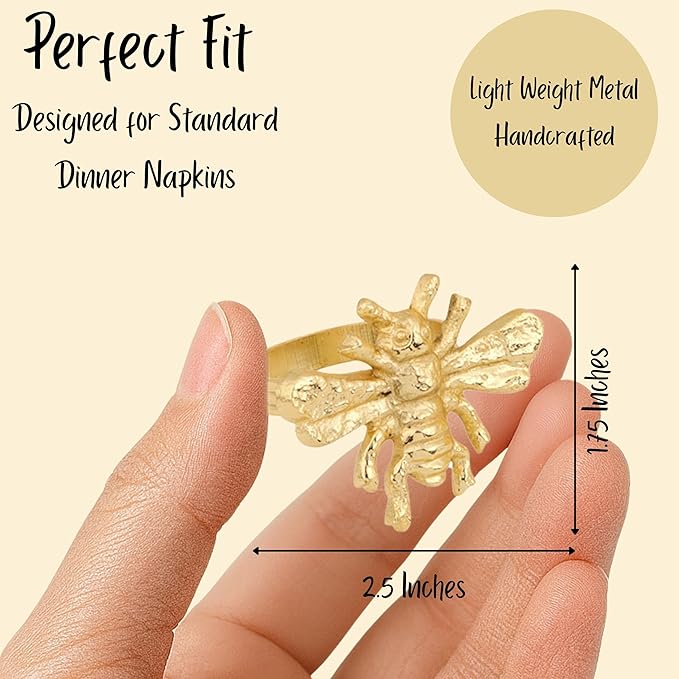 ALPHA Living HOME 12 Pcs Bee Napkin Rings - Decorative Metal Napkin Rings Table Decor Dining Table Cloth Napkin Holder for Christmas Wedding Holidays Dinners Party Supplies Everyday Use (Gold)