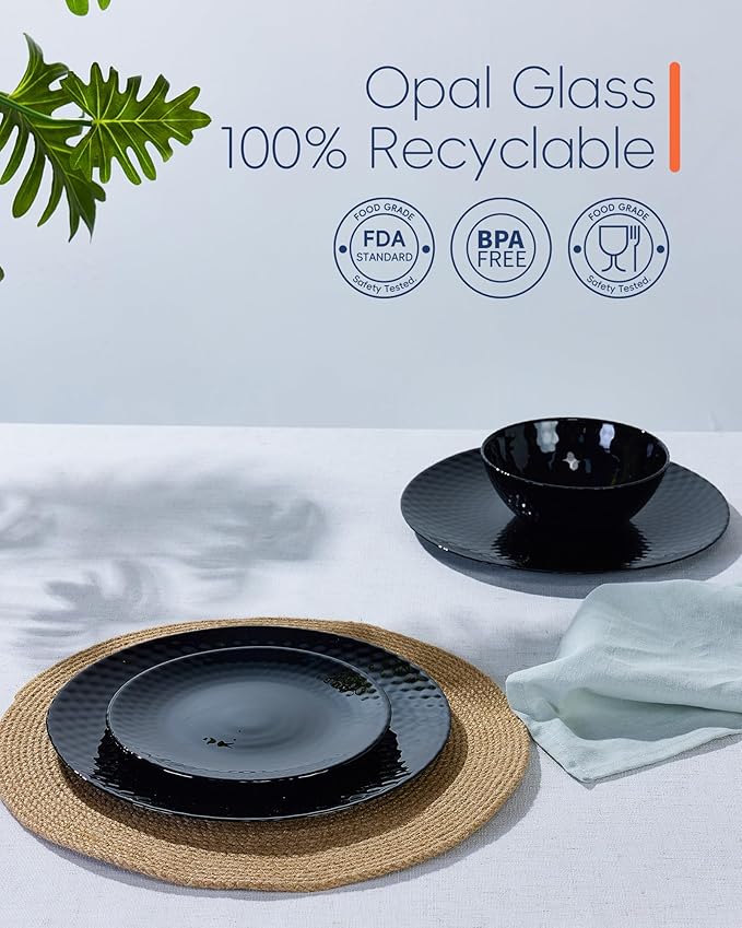 Dinnerware Sets for 4, Light & Durable 12 Pieces Opal Glass Plates and Bowls Set, Dishwasher and Microwave Safe Dish Dinning Ware, Thin but Strong Geometric Faceted Black