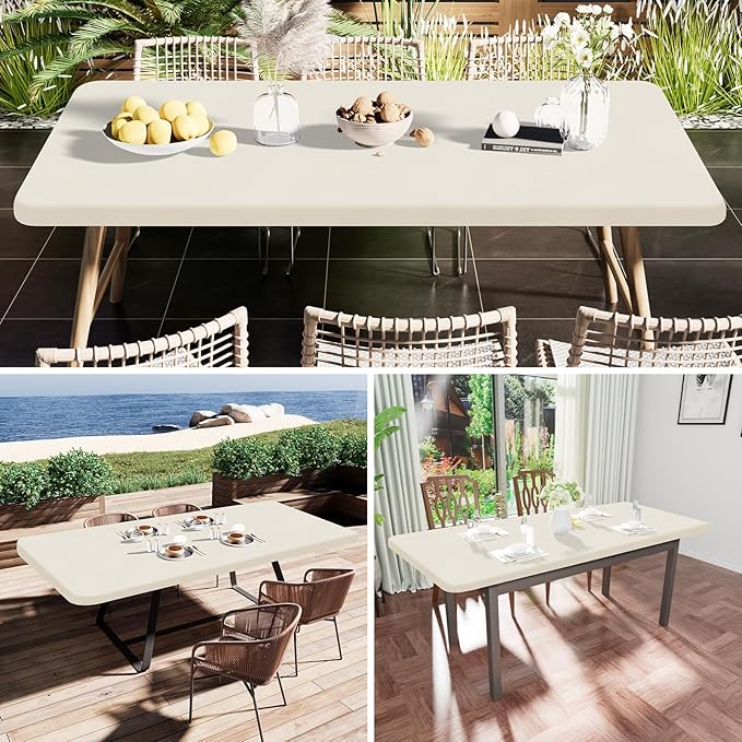 Smiry Rectangle Tablecloth, Elastic Fitted Flannel Backed Vinyl Tablecloths for 8ft Folding Tables, Waterproof Wipeable Table Covers for Indoor, Outdoor, Picnic and Camping (Beige, 36"x96")