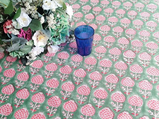 ATOSII Roma Green100% Cotton Rectangle Summer Tablecloth, Block Print Floral Linen Table Cloth for Dining Table Parties Wedding Outdoors I Grand Millennial Decor 60 X 90 Inches 6 Seater I Memorial Day