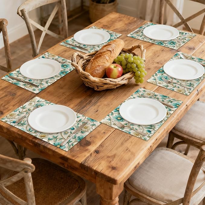 Abstract Gold Flower Placemats Set of 6, Linen Washable for Christmas, Thanksgiving, Party, and Daily Dining, Decorative Table Mats for 4-6 Person Table