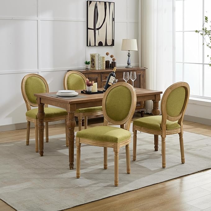 Vintage French Dining Chairs Set of 2, Round Back Upholstered Accent Chairs in Linen Fabric with Solid Wood Frame, Farmhouse Sillas de Comedor for Dining Room & Kitchen, Olive Green