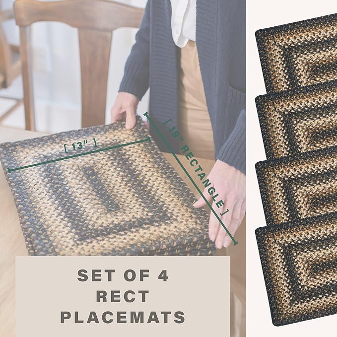 Homespice Kilimanjaro Jute Woven Placemats, Warm Primitive Decor, Set of 4, Black and Tan 13x19 Rectangle Table Mats - Vibrant Colors, Durable, Easy to Clean and Protects Furniture