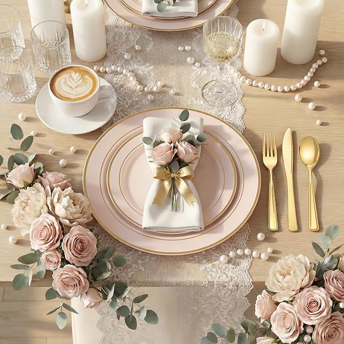 350PCS Pink Disposable Plates - Pink Plastic Plates 50Guests Plastic Dinnerware Sets with Rolled Napkins for Wedding/Birthday/Baby shower/Easter