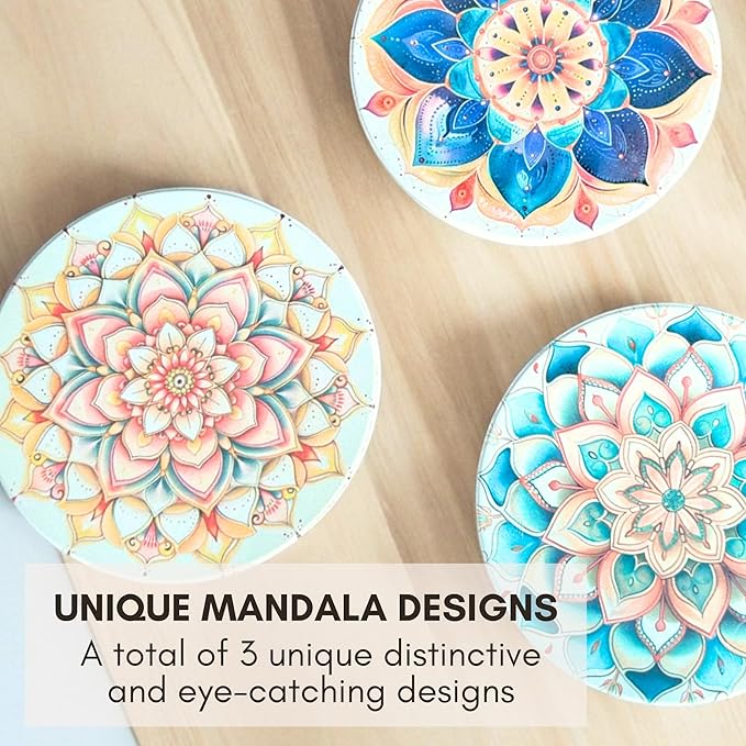 Ceramic Absorbent Coasters Set of 6 with Holder, Marble Drink Coasters for Coffee Table, Water-Absorbing Stone Coasters (Boho Mandala Design)