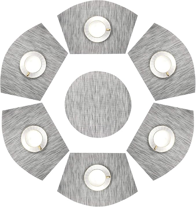 SHACOS Small Round Table Placemats Wedge Placemats with Centerpiece Round Placemat PVC Woven Table Mats Washable (7,Silver Grey)
