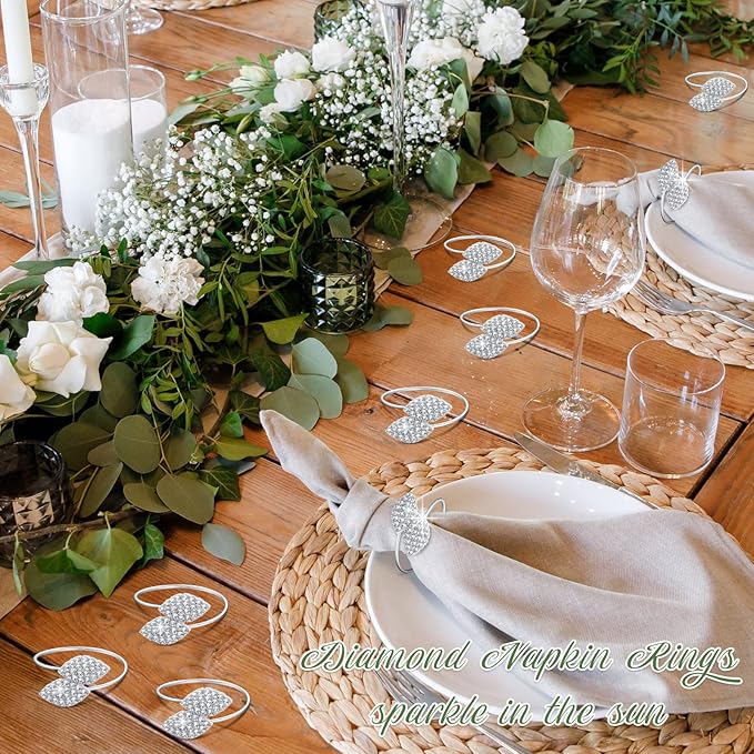 Hotop 200 Pcs Silver Holiday Napkin Rings Set Silver Bling Winter Napkin Rings Bulk Metal Leaves Holders Rhinestone Buckle for Wedding Christmas Dinner Gather Party Prom Table Decoration