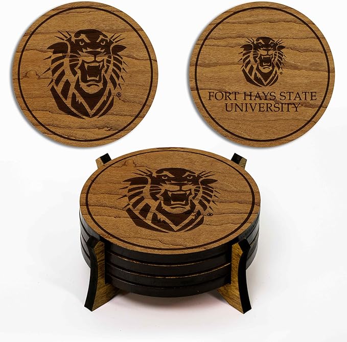 LazerEdge Fort Hays Tigers Wooden Coaster Set - Cherry Wood - Officially Licensed Product - 4-Pack