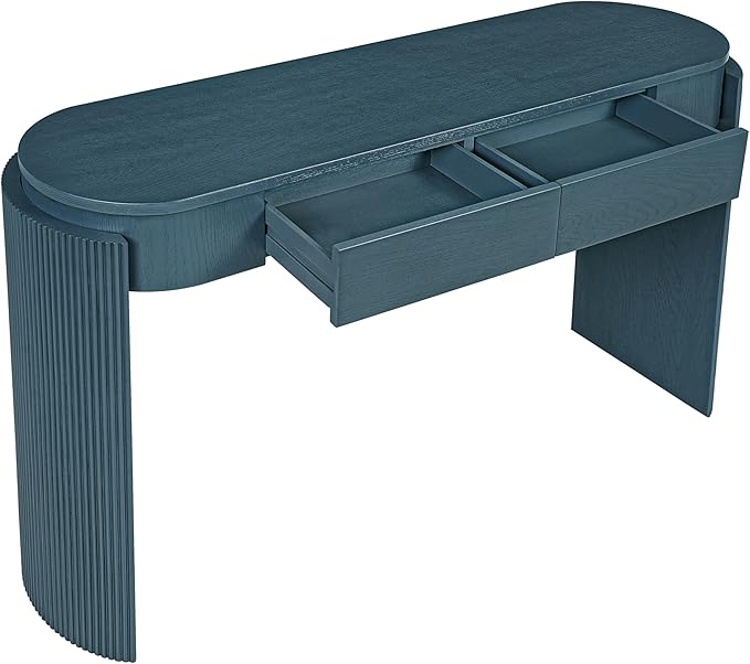 Merax 55" Entryway Table with Oval Top and 2 Drawers, Natural Wood Grain Finish Console Table with Fluted Design for Entryway and Living Room (Navy)