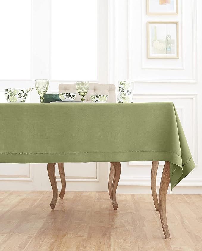 Solino Home Linen Moss Green Tablecloth 60 x 108 Inch - Classic Hemstitch, 100% Pure Linen Rectangular Tablecloth - Machine Washable Table Cloth for Winter, Spring, Easter, St Patricks Day