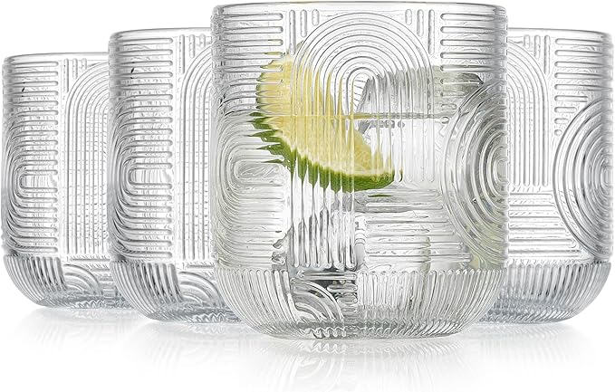 Glaver's Whiskey Glasses 13 oz Rocks Glass Double Old Fashioned Set of 4 DOF Home Bar Thick Glasses Embossed Designed Elegant Clear Modern Vintage Drinking Glassware