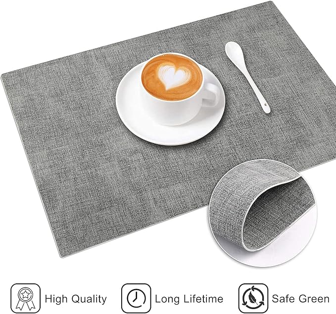 Leather Heat Resistant Placemats Set of 6 Waterproof Wipeable Washable PU Table Mats,Easy to Clean Anti-Slip Place Mats (Light Grey, 6)