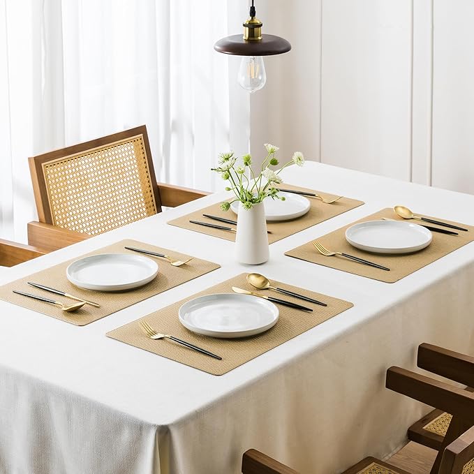 Jovono Faux Leather Placemats Set of 4, Waterproof Washable Table Mats, Easy-Clean Heat Resistant Kitchen Vinyl Place Mat for Dining Table, Restaurant, Indoor, 17.8"x11.8", Yellow