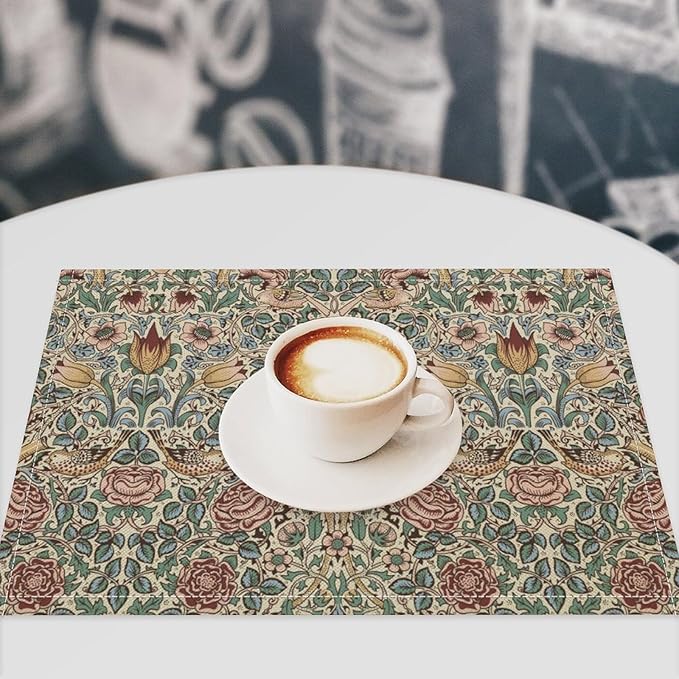 William Morris Placemat Set, Beige Blue Pink Vintage Rustic Art Exotic Ethnic Floral Bird Seamless Pattern Home Decor Linen Table Mats for Dining Room Kitchen Party (17x12in) x4P