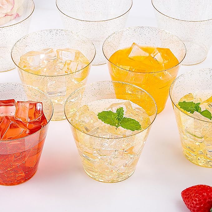 I00000 200pcs Gold Plastic Cups - 9 OZ Hard Gold Glitter Disposable Cups for Cocktail & Drinking - Premium Disposable Plastic Glasses with Gold Glitter for Fancy Wedding Cups Elegant Party Glasses