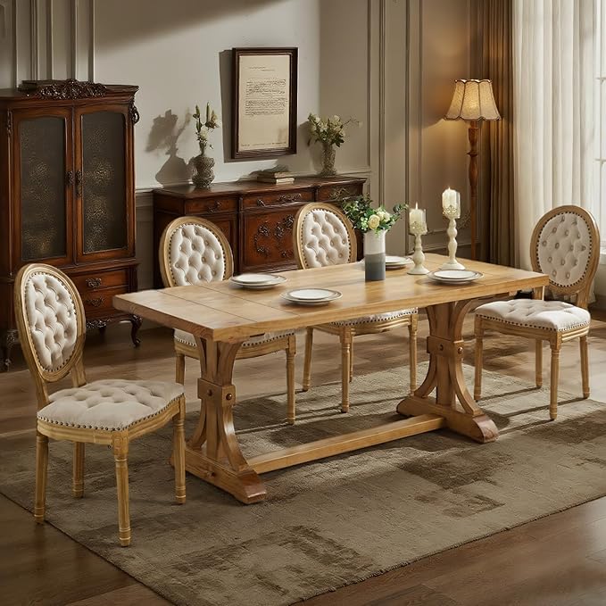 SoarFlash French Velvet Dining Chairs Set of 6, Vantage Dining Chair with Round Back, Wood Leg Farmhouse Country Dining Chair for Kitchen,Bedroom,Beige