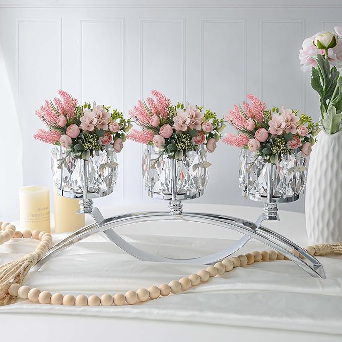 3 Arms Crystal Candle Holders, Arch Candlestick Table Candelabras Centerpieces for Wedding, Dinning Room, Cabinet Ornaments, Home Decoration， Gift (Silver, 2 Pcs-3 Arm Arched)