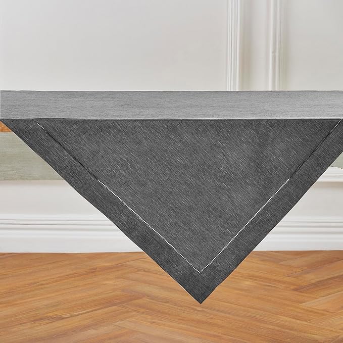 Solino Home Linen Tablecloth 52 x 52 Inch - 100% Pure Linen Charcoal Grey Square Tablecloth - Milan Hemstitch, Machine Washable Table Throw for Winter