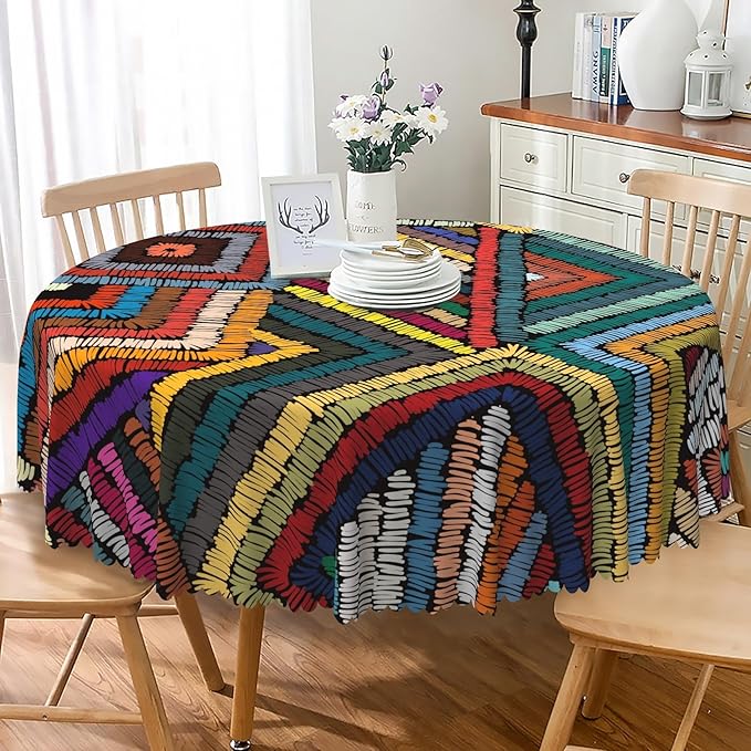 Laeacco 24 Inch Colorful Patchwork Round Tablecloth Woven Geometric Pattern Abstract Art Print Table Cloth Washable Waterproof Wrinkle Free Table Cover for Kitchen Dining Picnic Party Decoration