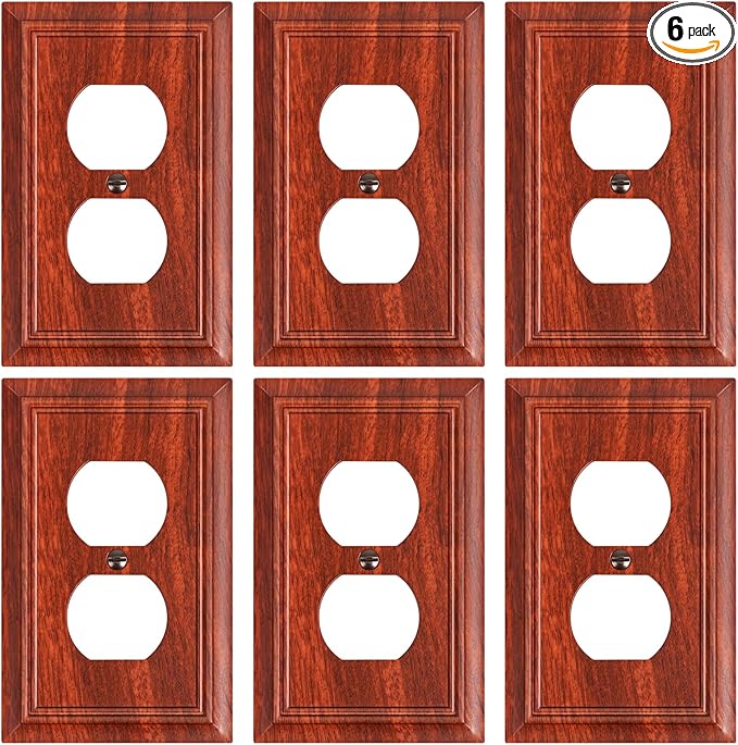 6-Pack Duplex Outlet Cover Plate, Decorative Wood Grain Switch Plates and Outlet Covers, Natural Bamboo Fiber Wall Plates for Electrical Outlets, 1 Gang Receptacle Cover, Corrosion Resistant
