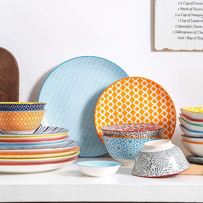 Selamica 8 inch Porcelain Dinner Plates, Large Size Serving Plate for Salad, Pancakes, Steak, Set of 6, Assorted Colors