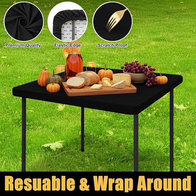 Smiry Square Picnic Table Cloth, Waterproof Elastic Fitted Tablecloths for 4 Foot Tables, Washable Polyester Table Cover for Camping, Indoor and Outdoor (Black, 42"x42")