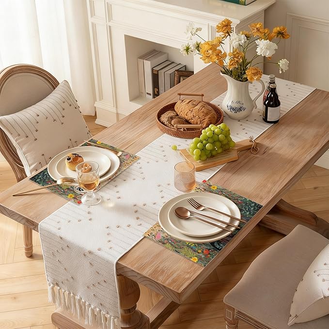 Placemats Set of 6 Cat Flowers Spring Place Mats Washable Kitchen Dining Linen Table Mats Stain Heat, for Home Party Indoor 12x18 in